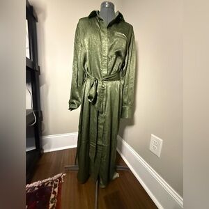 Hem & Thread Olive Satin Dress with tie waist - S